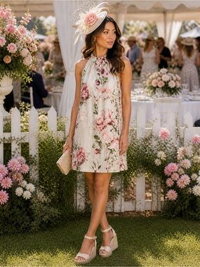 Made in Italy linen Floral Halter Neck wedding guest Summer Dress
